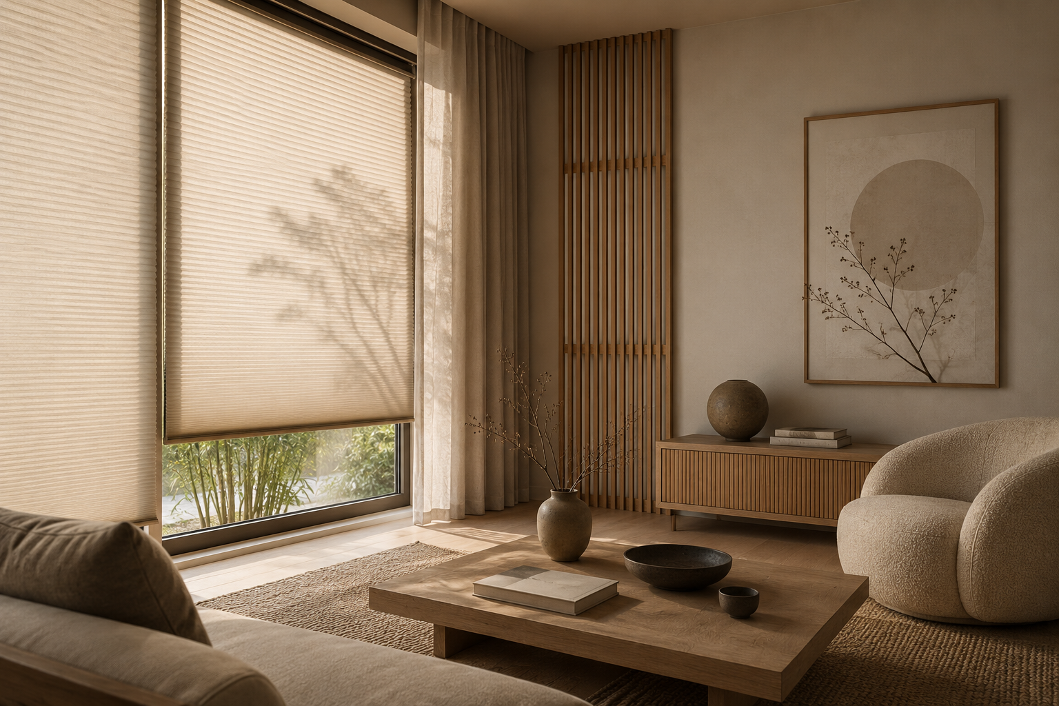 Rustig interieur met raamdecoratie in neutrale tinten
